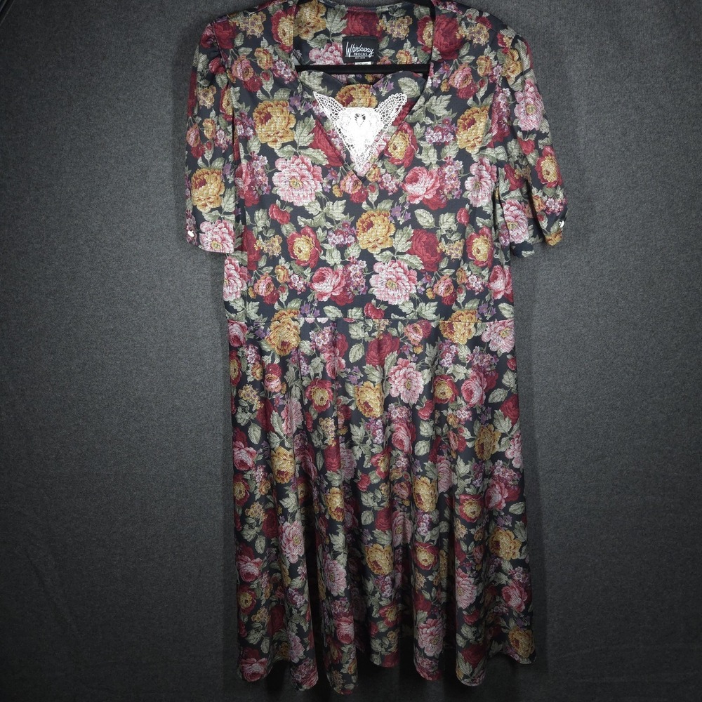 Whirlaway Frocks Vtg 80s Floral Dress Womens Size 14P Cottagecore Dark Academia